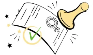 Illustration of Croatian certified translation services: a document stamped “APPROVED” with a ribbon and emblem.