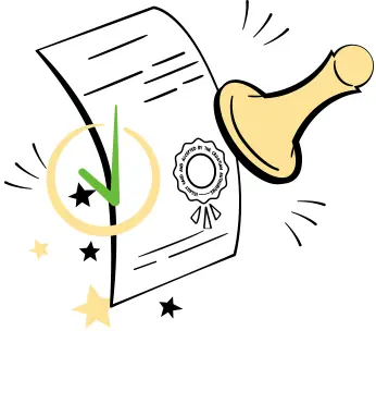 Illustration of Croatian certified translation services: a document stamped “APPROVED” with a ribbon and emblem.