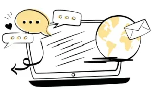 Illustration of Croatian localization services showing a laptop with global communication icons.