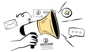 Illustration of Croatian marketing translation services with a hand holding a yellow megaphone projecting sound waves.