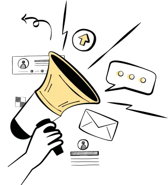 Illustration of Croatian marketing translation services with a hand holding a yellow megaphone projecting sound waves.