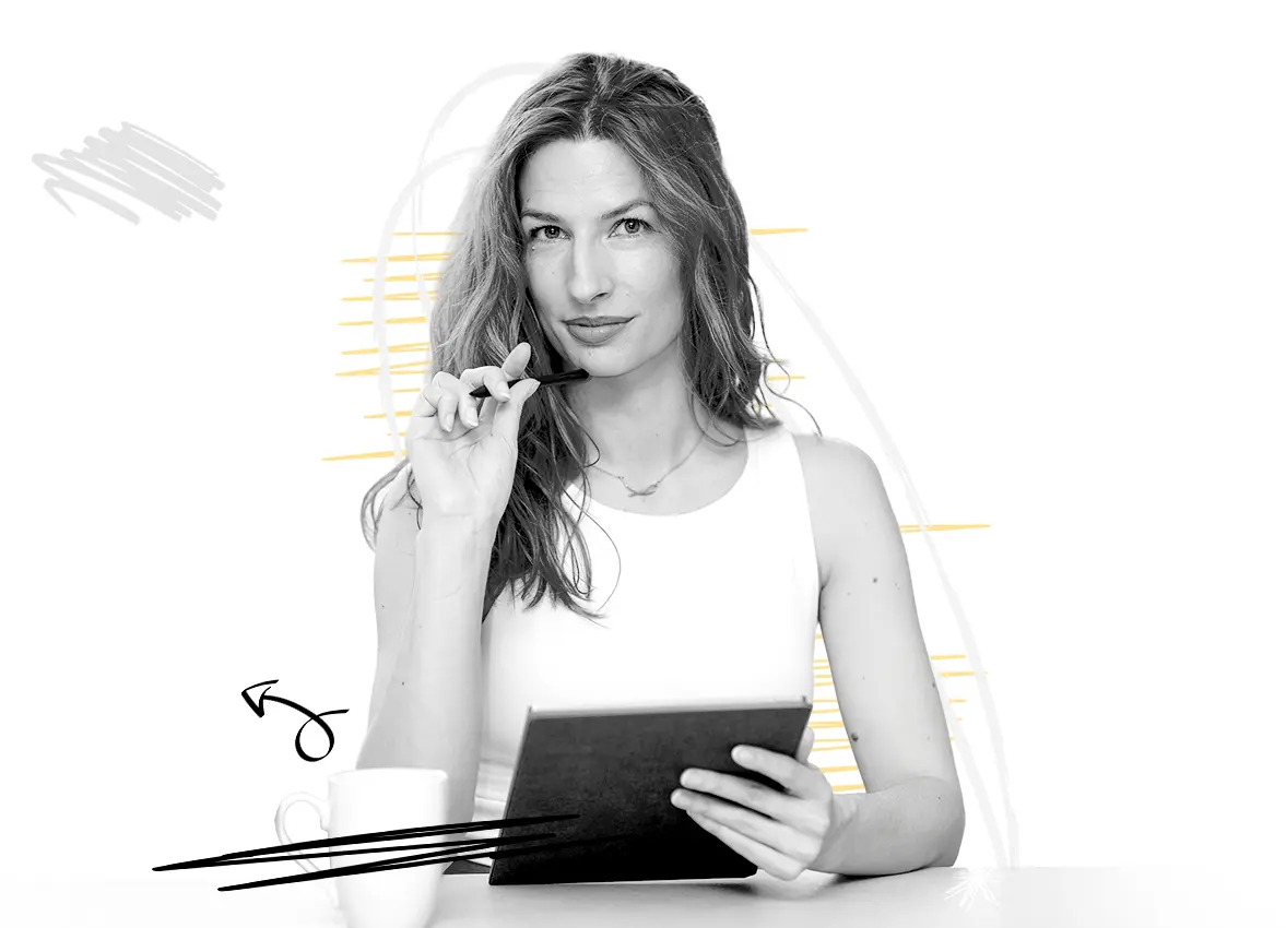 Professional headshot of an English to Croatian translator Ivana Srezović, holding a pen and a tablet.
